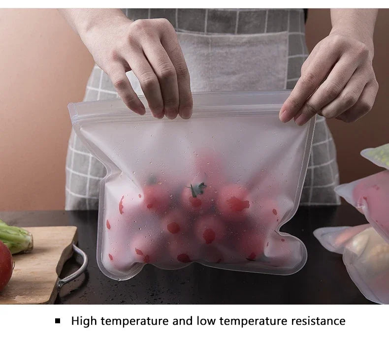 Showlu Smart General reusable food storage bags with zip closures, transparent design, and assorted sizes for eco-friendly food storage.