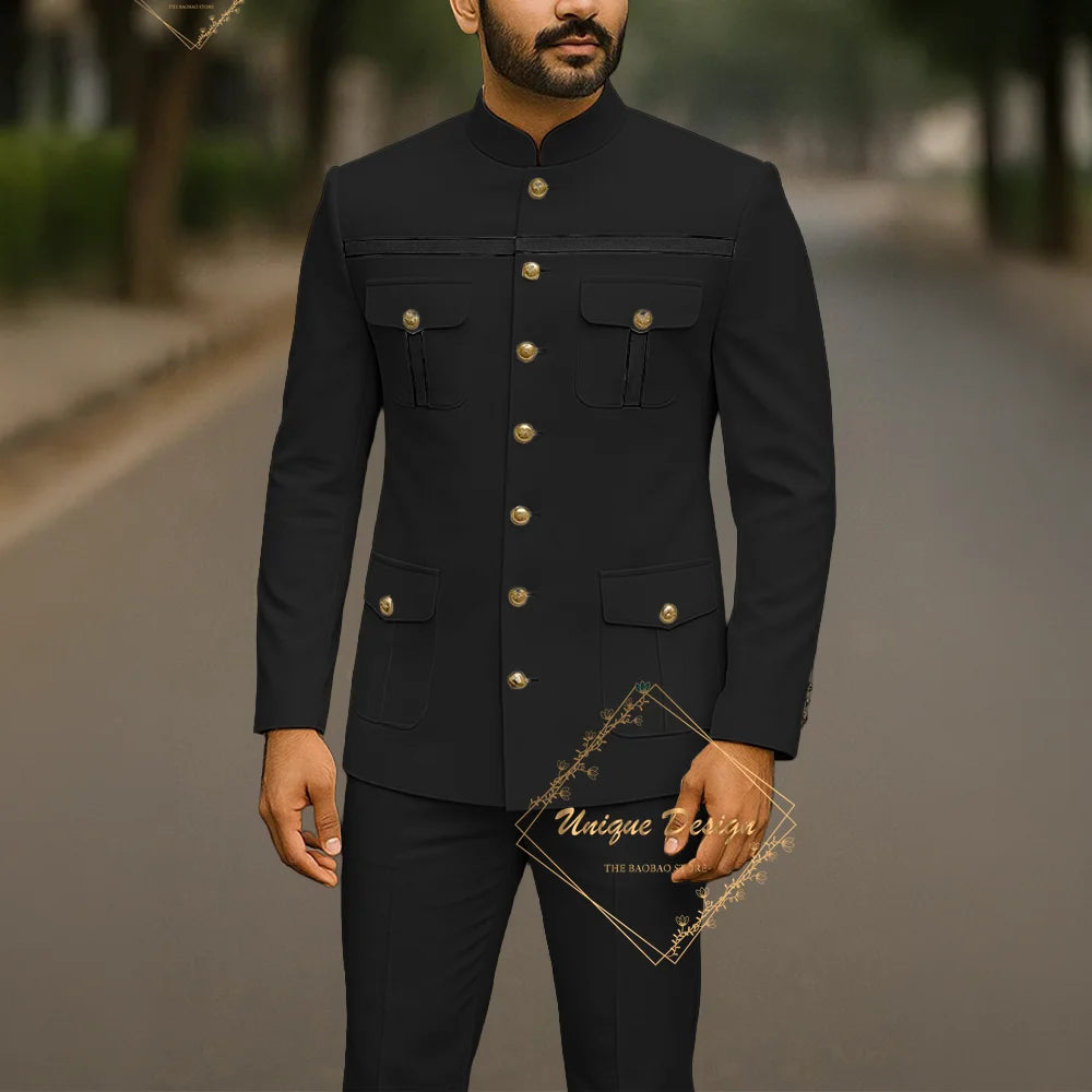 Ivory formal safari suit for men, custom-made Indian wedding groom 2-piece set with slim fit jacket and pants, stylish party attire
