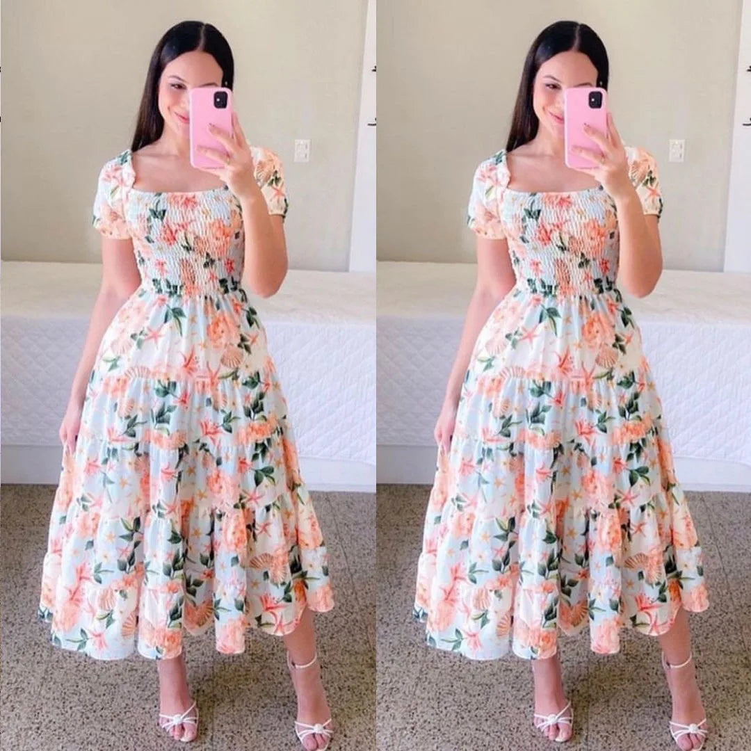 High waisted women's A-line summer dress with slash neck and floral print, showcasing a stylish, lightweight design.