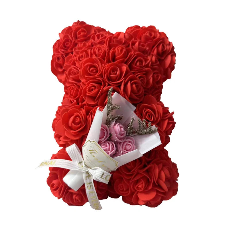 Artificial 25cm rose bear from Showlu Fashion, foam flower gift with gift box, featuring realistic red roses and soft plush texture.