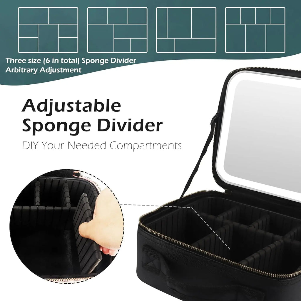 Showlu Fashion makeup organizer with mirror light, compact travel cosmetic case featuring multiple compartments for beauty essentials.
