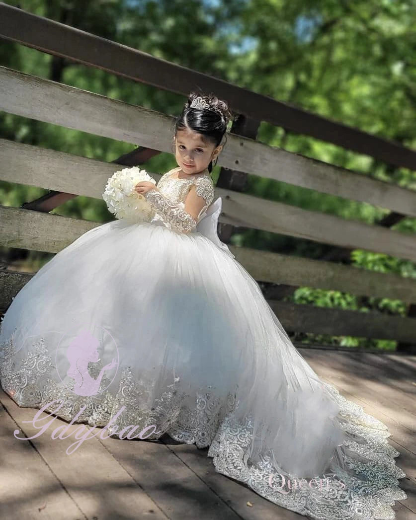 Customized ivory flower girl dress by Showlu Fashion Store with appliques, floor length for wedding, birthday, or First Communion.