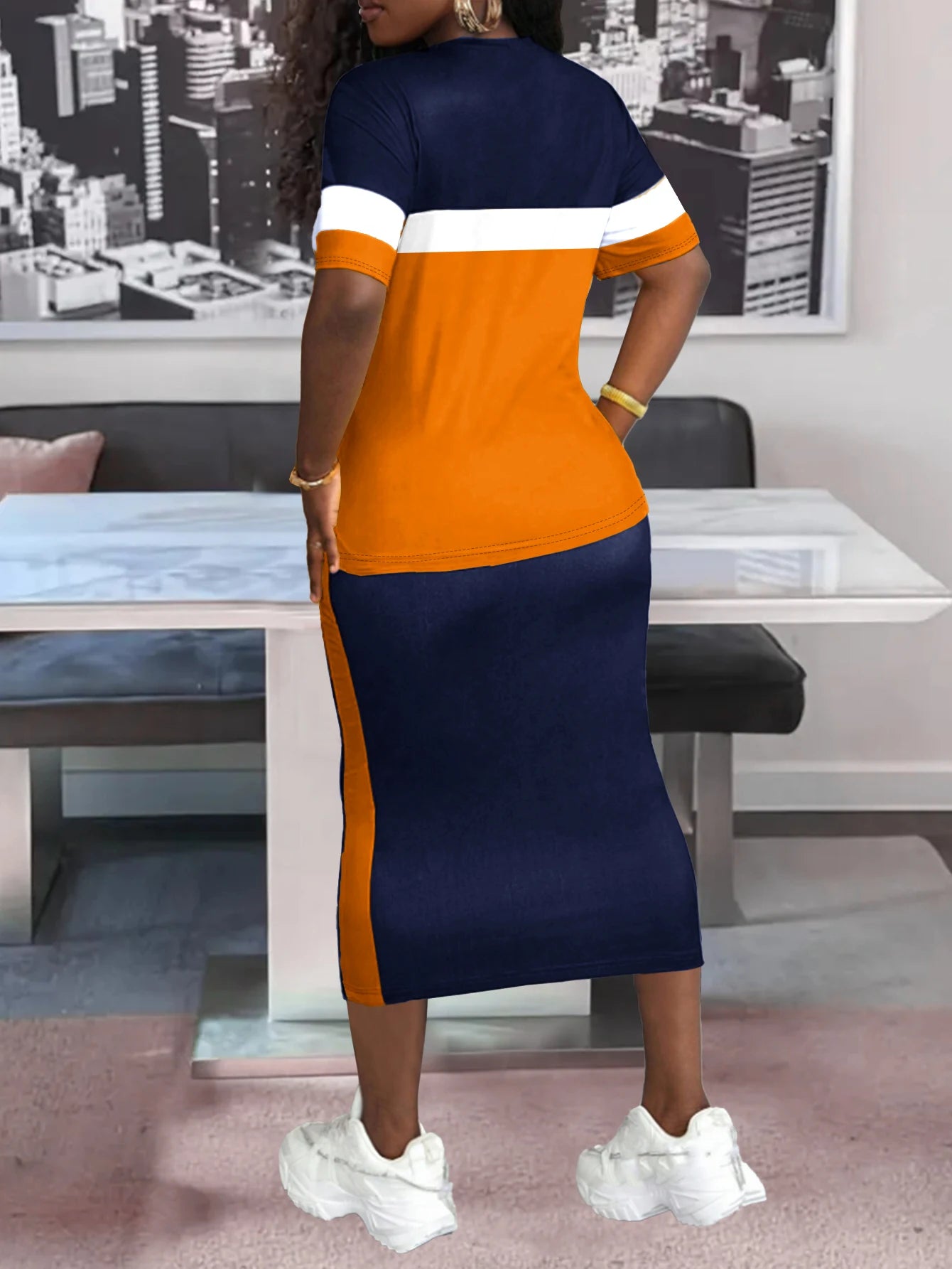 Color blocking splicing casual two-piece set by Showlu Fashion Store, featuring comfortable, versatile fashion in bright, stylish design.