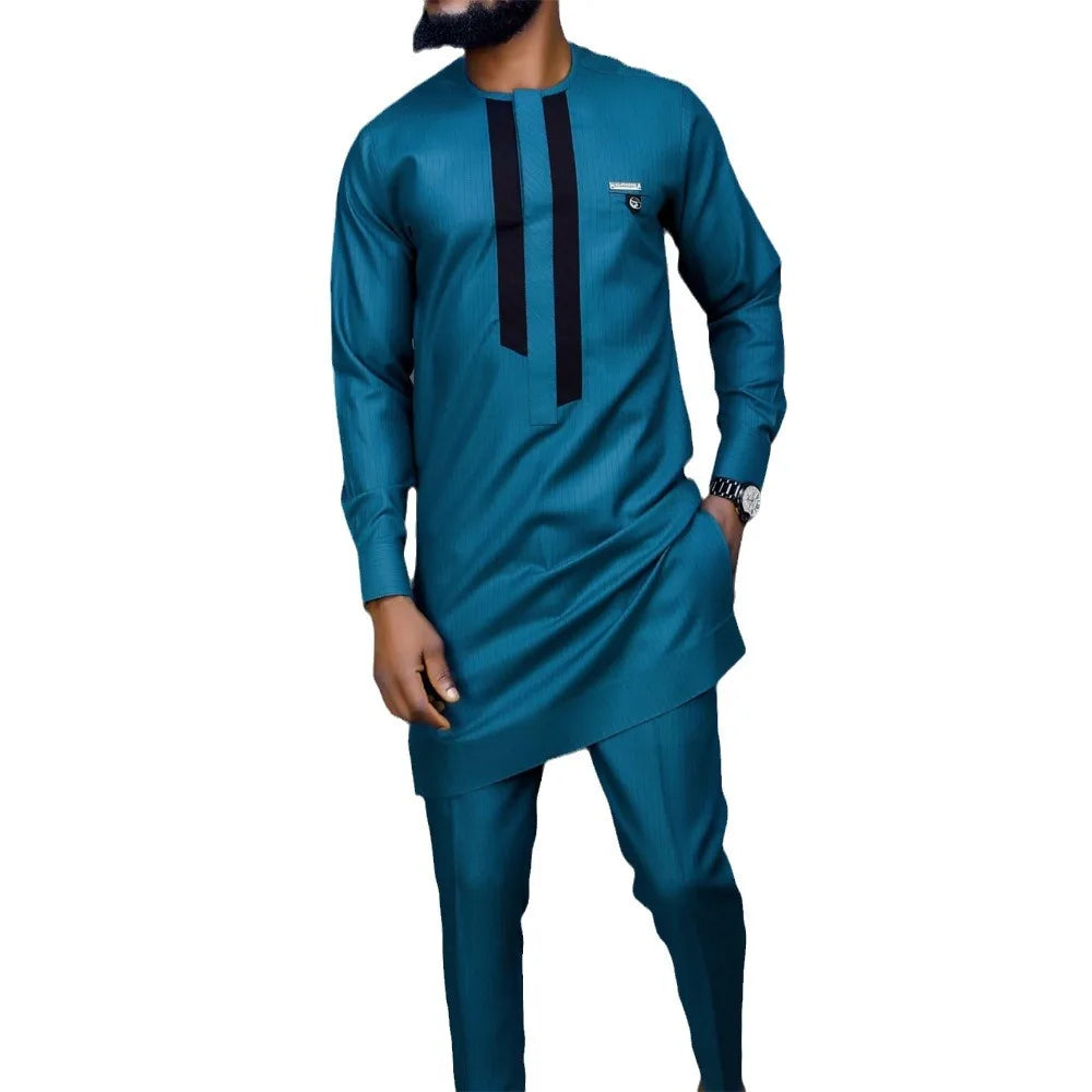 African ethnic men's 2-piece patchwork outfit with long sleeves, featuring vibrant traditional design and craftsmanship.