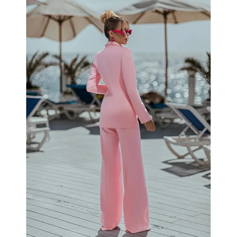 Pink Ladies Suits 2 Piece Elegant Double Breasted Peak Lapel Outfit Casual Slim Daily Prom Party Women Suits (Jacket+Pants)