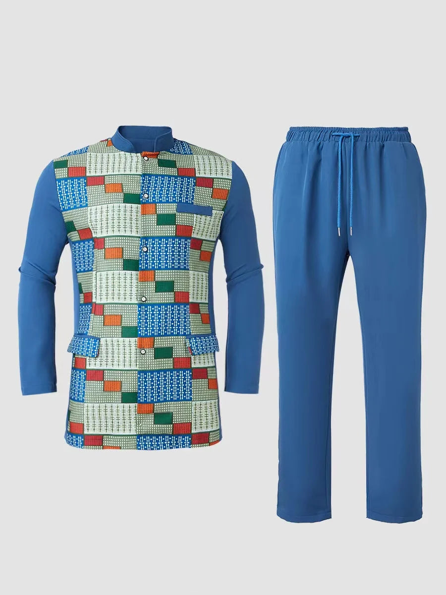 Showlu men's African kaftan set made of cotton blend, two-piece wedding suit with intricate traditional design and vibrant colors.