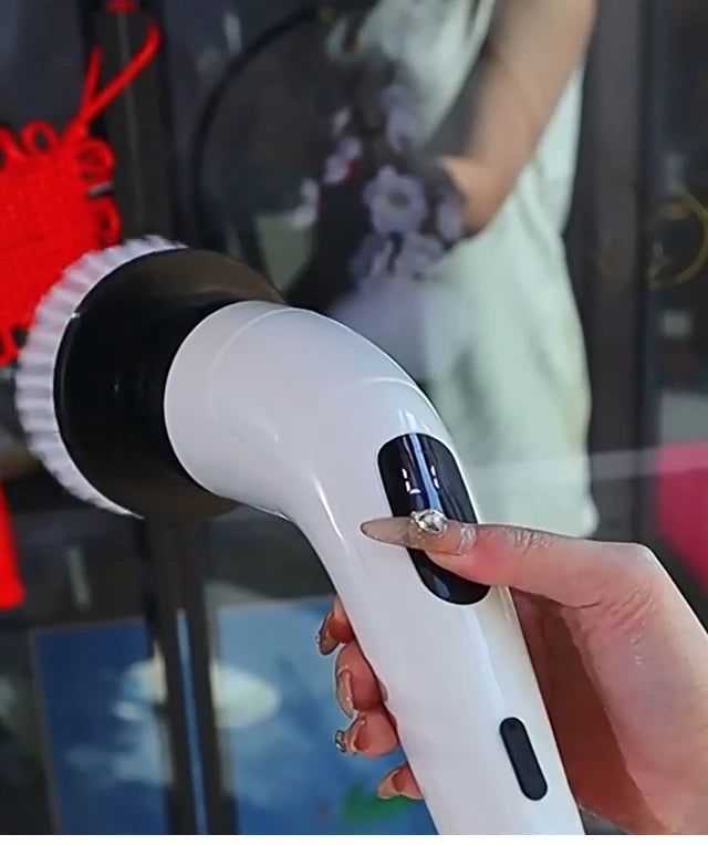 Showlu Smart General cordless electric spin scrubber with 7-in-1 cleaning brush, showing a versatile cleaning tool in use.