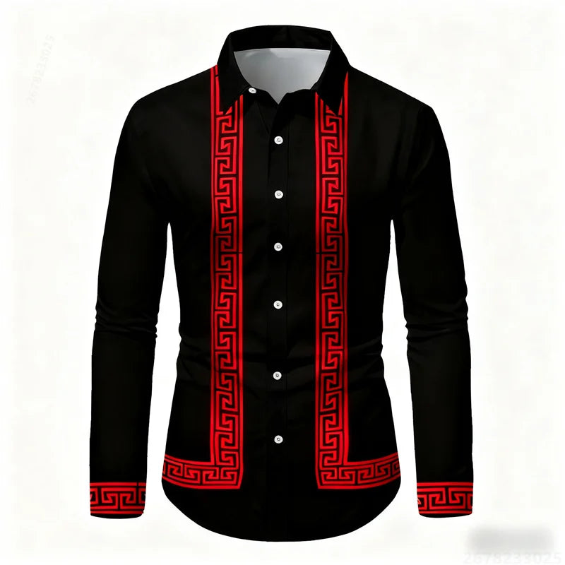 Men's black and white geometric print long-sleeve shirt by Showlu Fashion, slim fit, stylish casual top with color-block design.