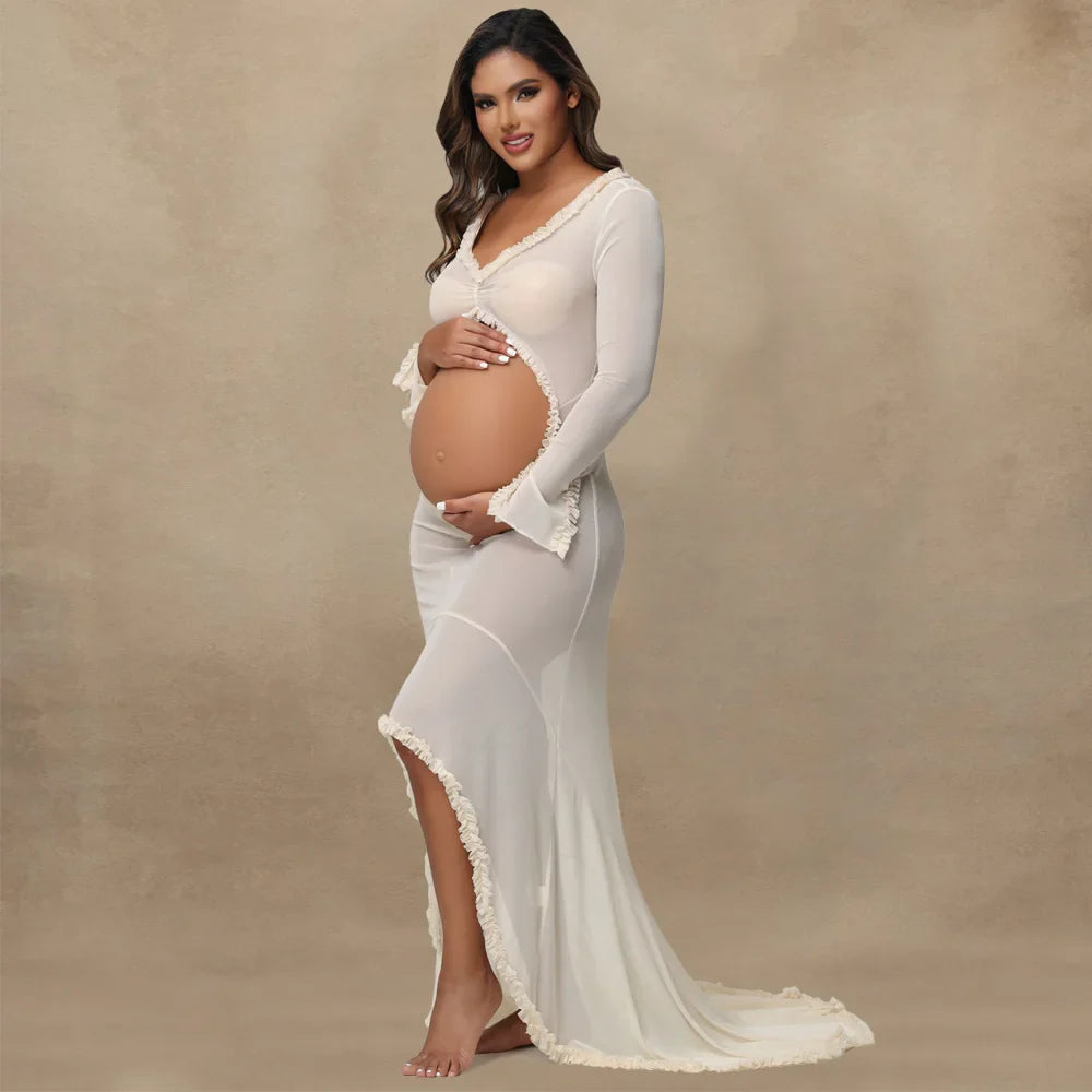 Showlu maternity sheer lace ruffle ruched dress with sexy slit, elegant maternity gown featuring delicate lace details and flowing fabric.
