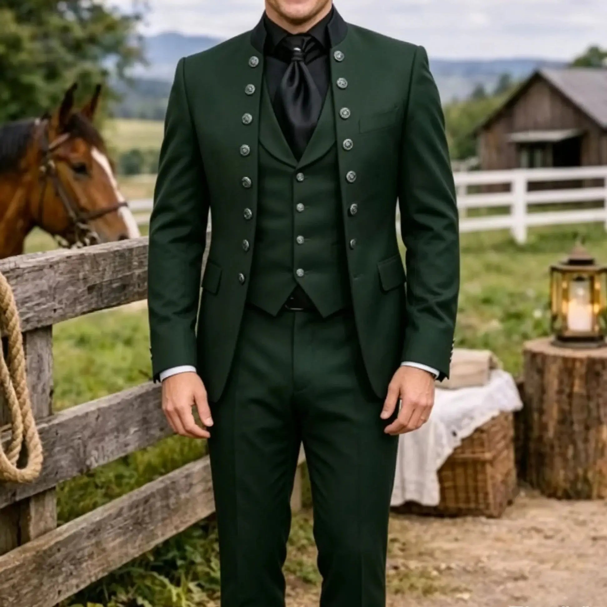 Dark green slim fit men's suit with tuxedo jacket, trousers, and vest from Showlu Fashion, ideal for weddings or formal events.