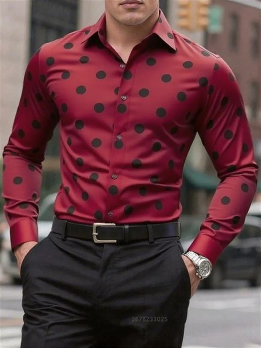 Men's long sleeve spotted lapel casual shirt by Showlu Fashion, breathable and versatile outdoor clothing, comfortable and stylish.
