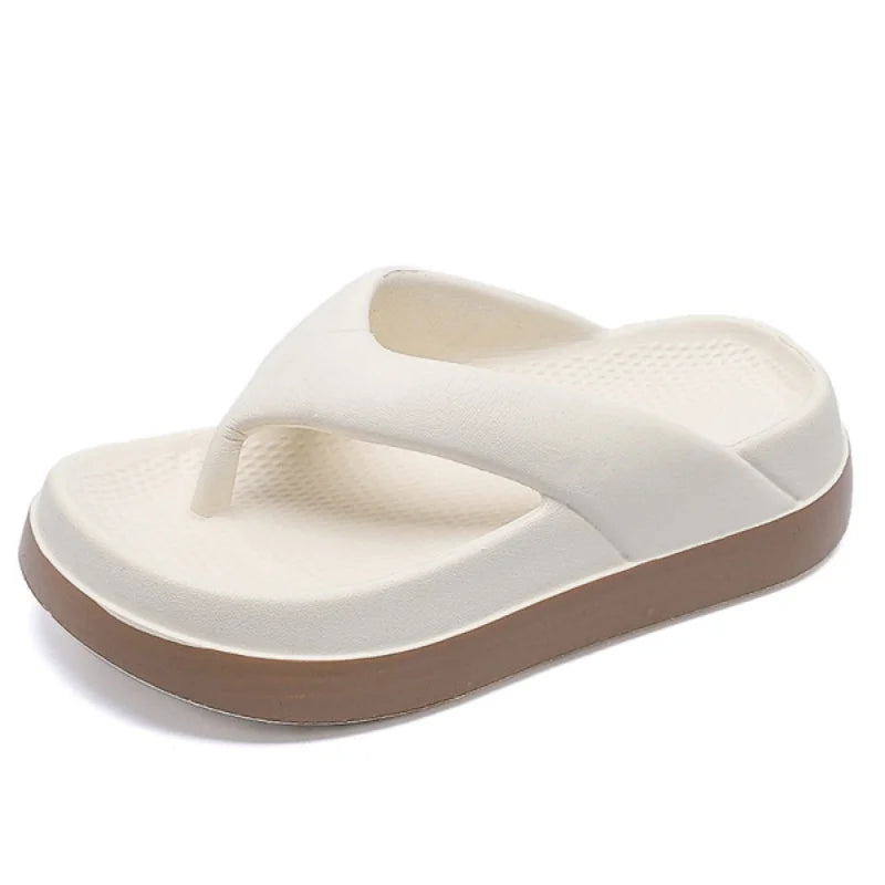 SHOWLU Women's platform flip flops with non-slip soles, casual summer sandals in beige with chunky heel and open toe design.