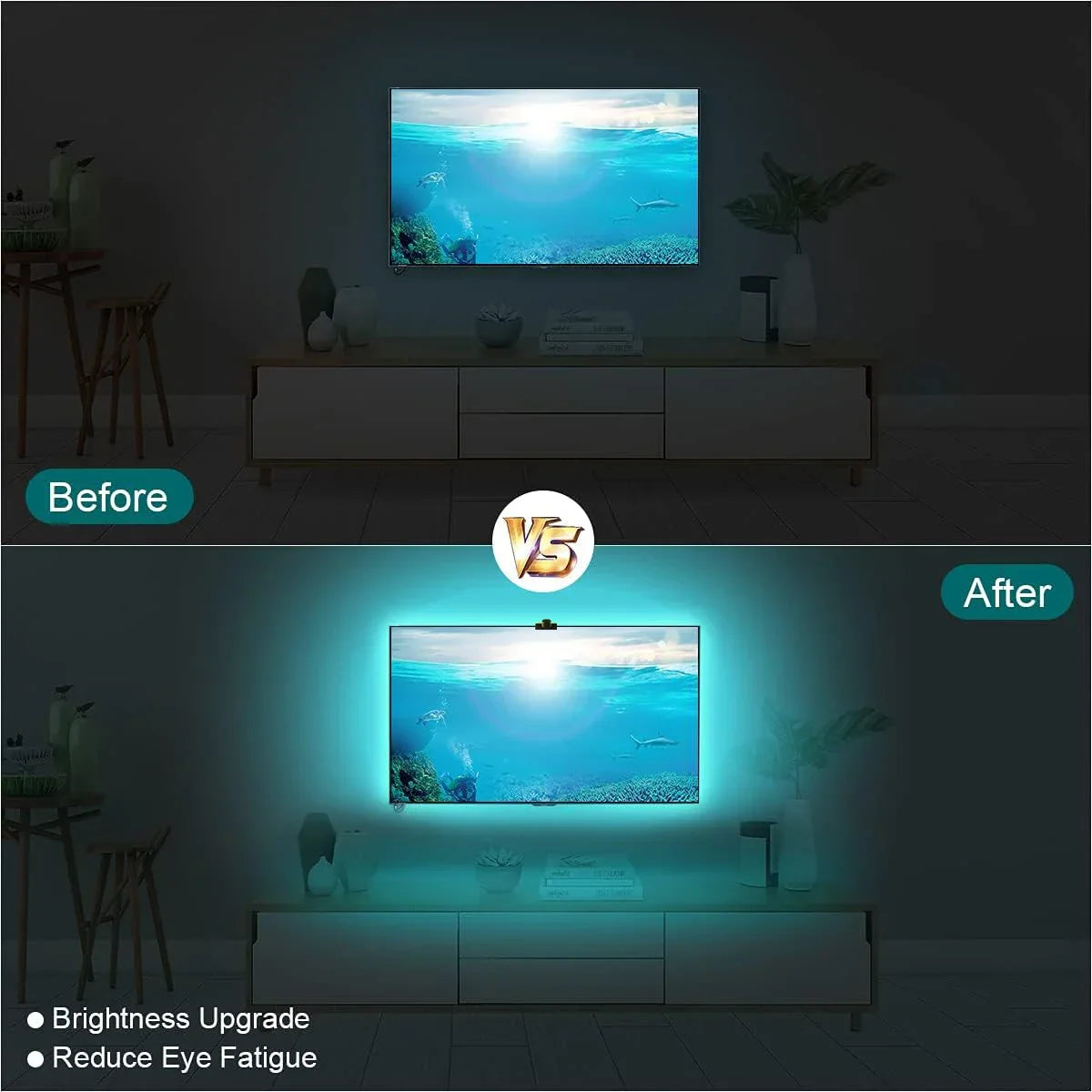 Showlu Smart RGB LED TV backlight strip with color sensor, 5V, shown installed around a TV for ambient lighting.