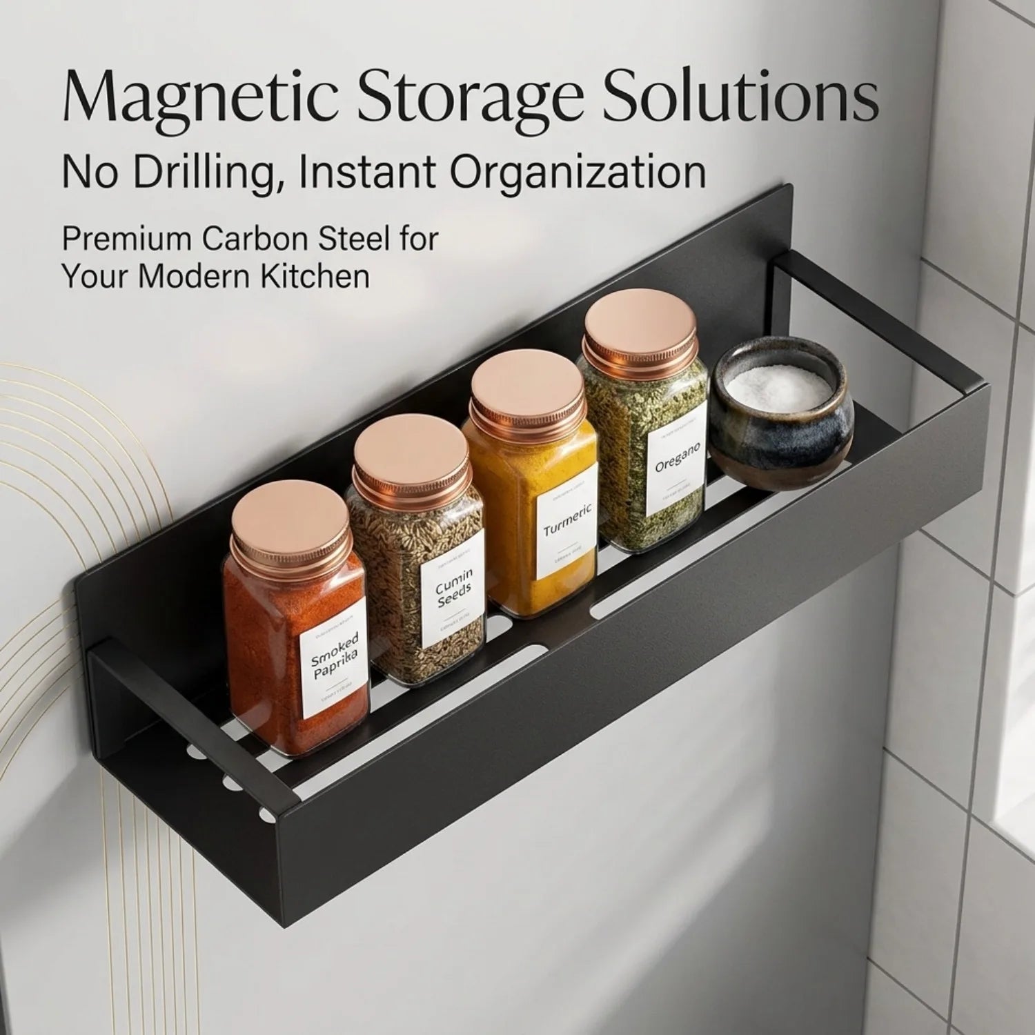 Magnetic fridge spice rack by Showlu Smart General holding small spice jars on a stainless steel refrigerator door