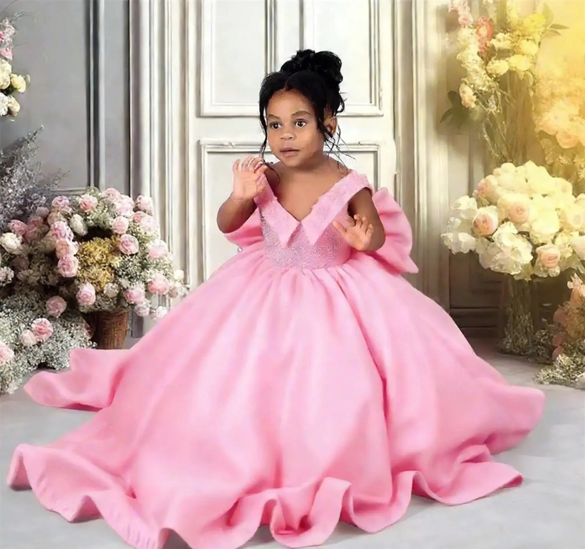 Red satin communion ball gown with a bow, featuring elegant design and flowing fabric, by 1170uf-he.