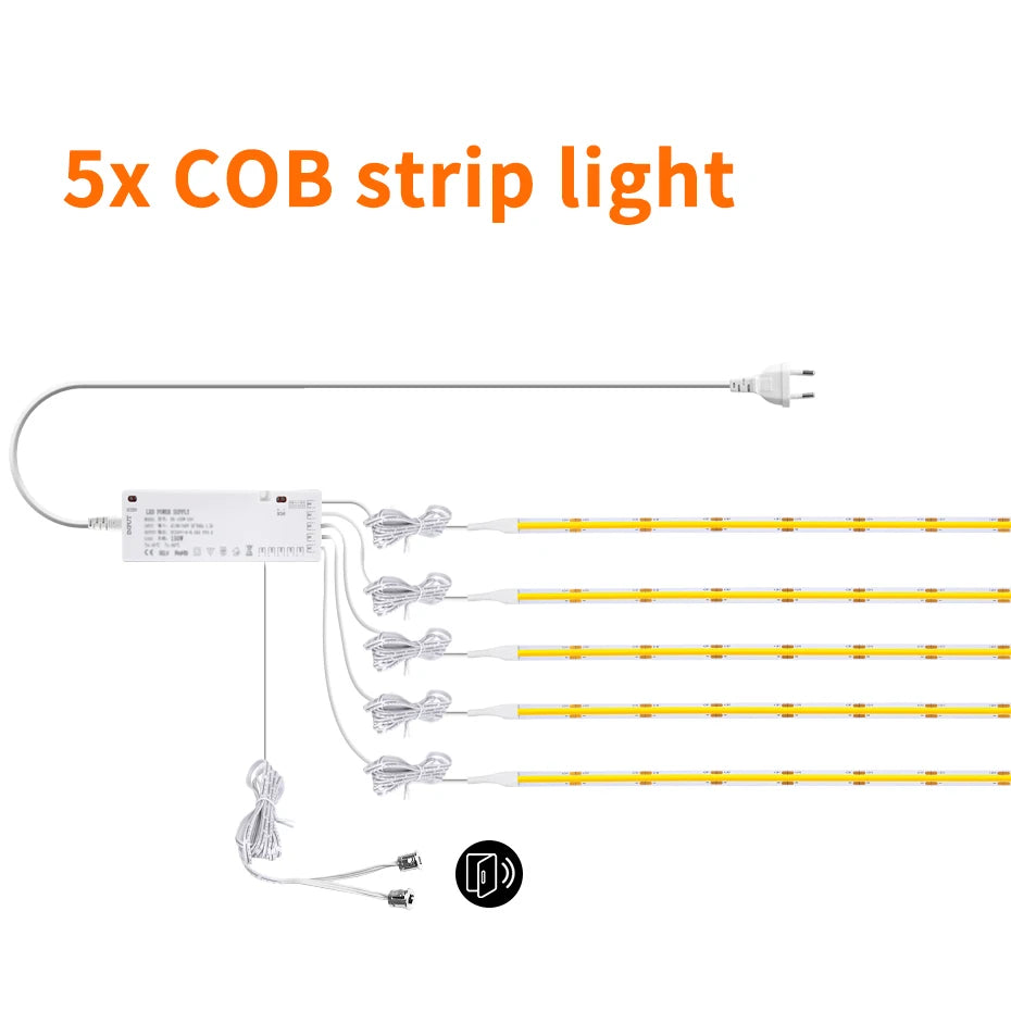 Showlu Smart General YEMEKE 12V COB LED strip with door sensor, showcasing the LED strip and sensor in a close-up view.