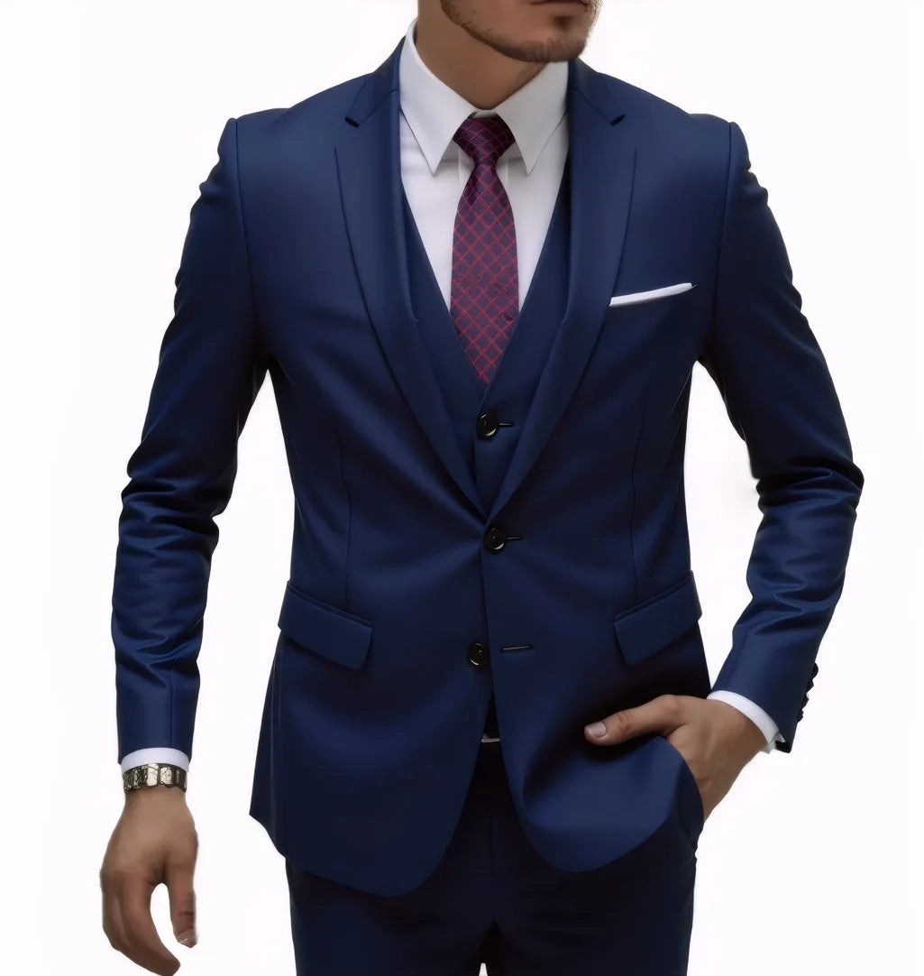 Men's casual 3-piece suit set by Showlu Fashion, including blazer, trousers, and vest in solid colors with two-button blazer.
