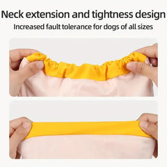 Two hands stretch the elastic yellow collar of a pink pet raincoat to show its flexibility.