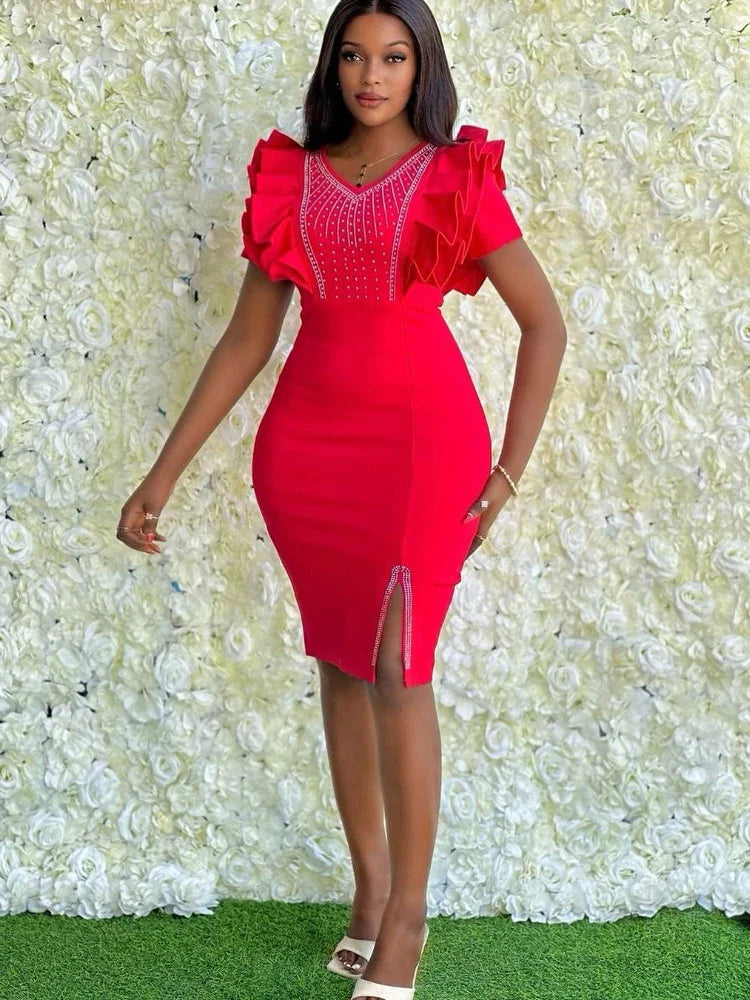 Red wedding guest dress with V-neck, crystal embellishments, and petal sleeves by SHOWLU FASHION STORE