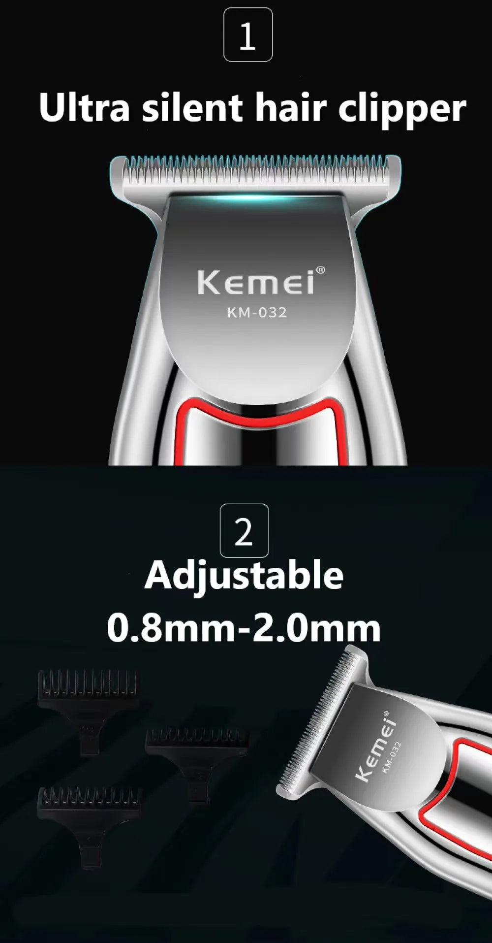 Rechargeable Kemei KM-032 hair trimmer by Showlu Smart General, featuring a sleek design and adjustable blades for precise grooming.