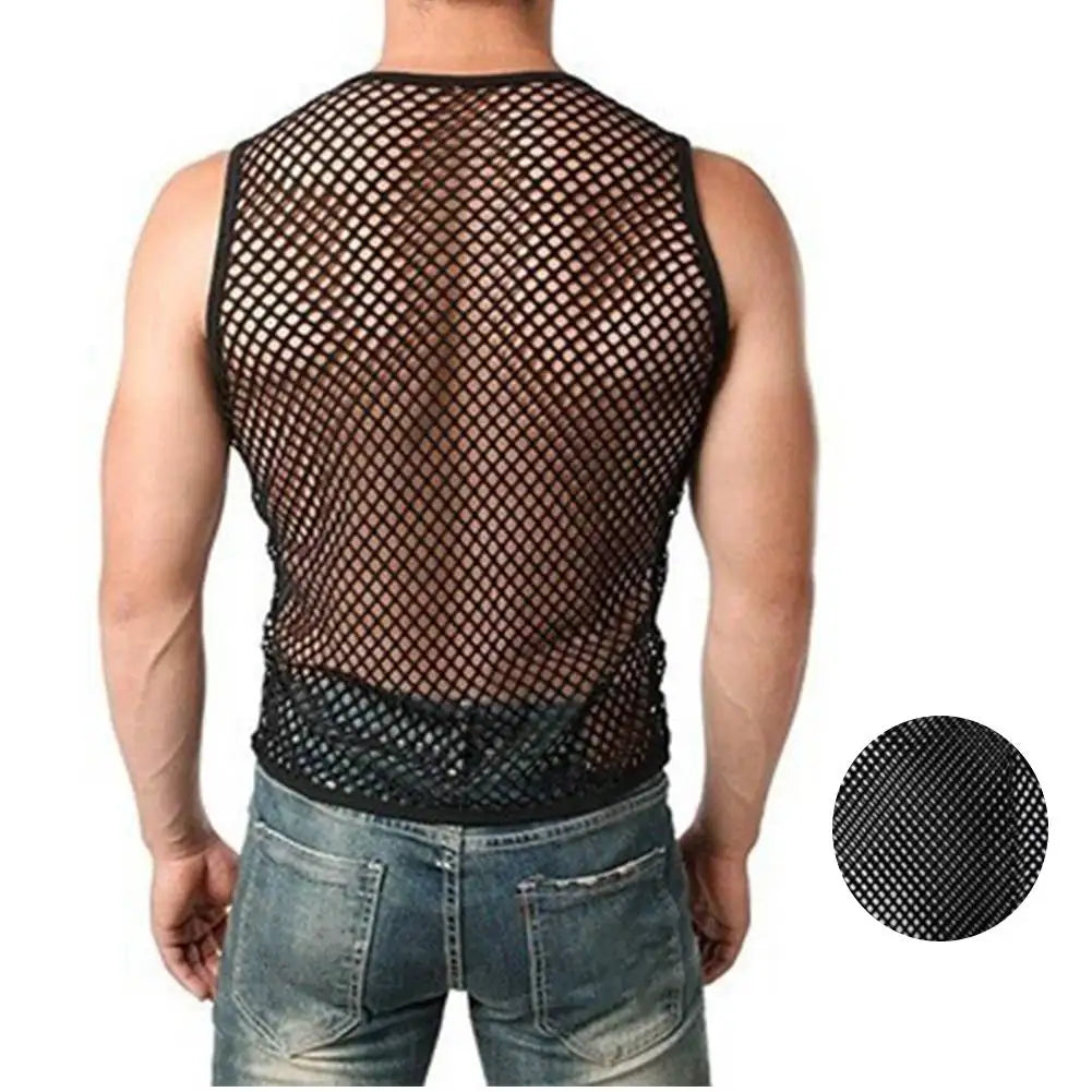 Men's transparent mesh tank top by Showlu Fashion, sleeveless fishnet vest, see-through undershirt for night clubwear and slim sport style.