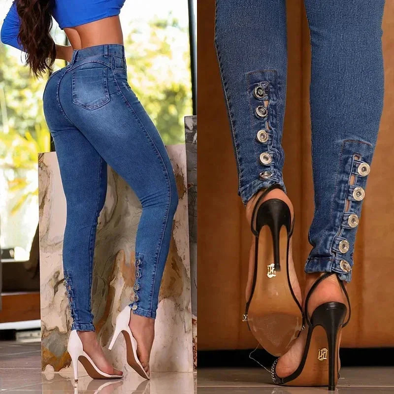 Matteobenni women's high waist skinny jeans in slim stretch denim, showing a close-up of fit and dark wash fabric.