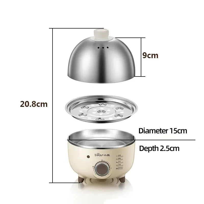 Showlu Smart electric egg boiler with stainless steel body, 360W power, 4-6 eggs capacity, and timer for perfect boiled eggs.