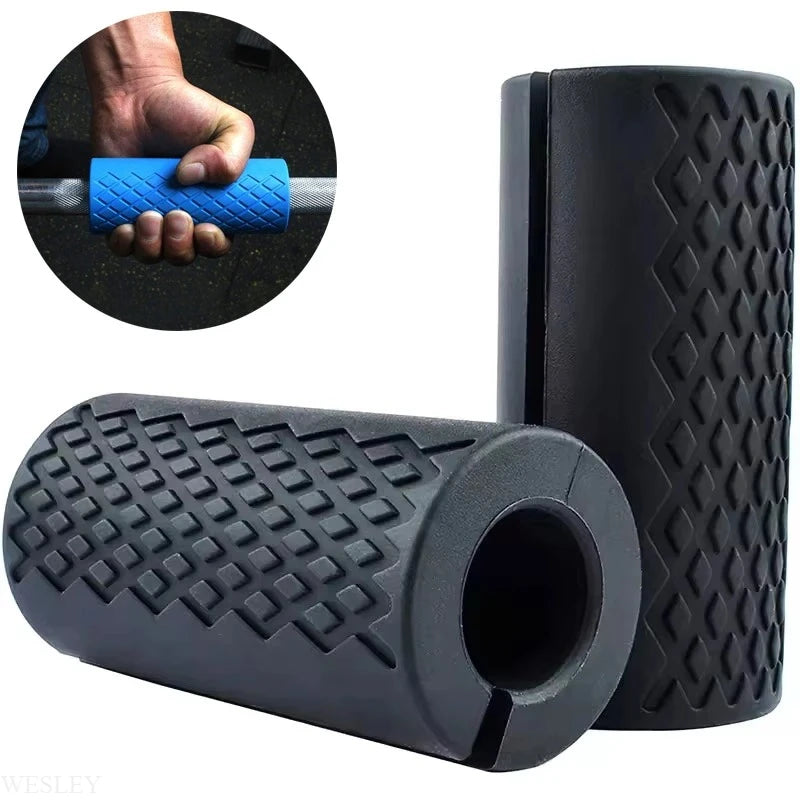 Silicone non-slip grip pad for fat barbell and dumbbell handles, enhances grip and comfort during weightlifting exercises.