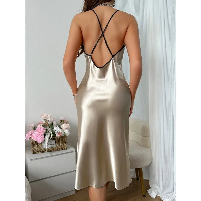 Women's sexy fashion 2-piece pajama set with V-neck slip dress and long robe, comfortable sleepwear from Showlu Fashion Store.