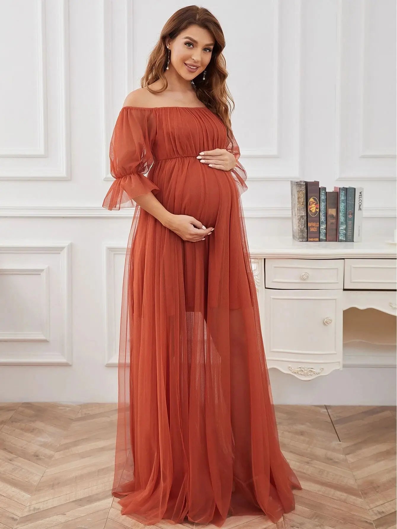 Elegant Cathery off-shoulder tulle maternity dress with lace details, perfect for photoshoots, designed by SHOWLU FASHION STORE.
