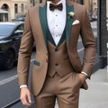 Brown men's 3-piece slim fit suit with peak lapel and single-breasted design, shown on a model.