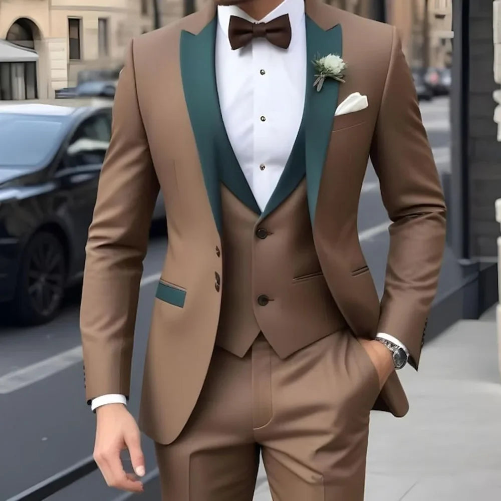 Brown men's 3-piece slim fit suit with peak lapel and single-breasted design, shown on a model.