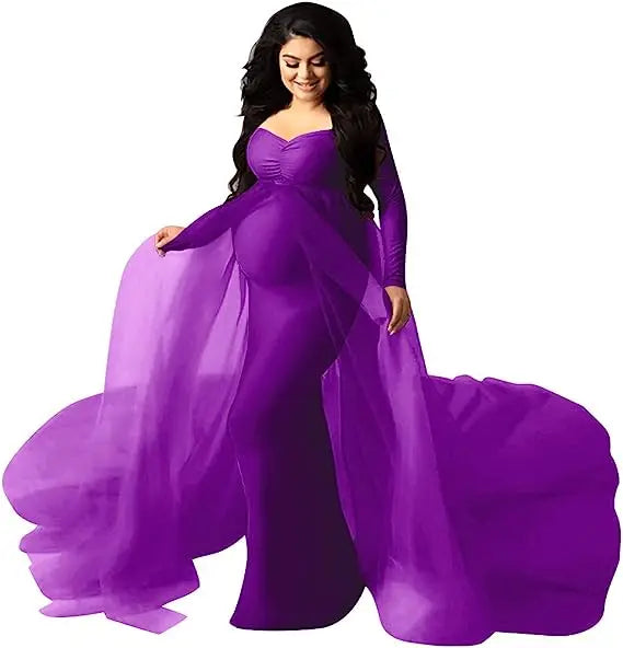 Sexy deep V-neck lace maternity dress with tulle, long sleeves, feather details, suitable for photo shoots by Showlu Fashion Store.