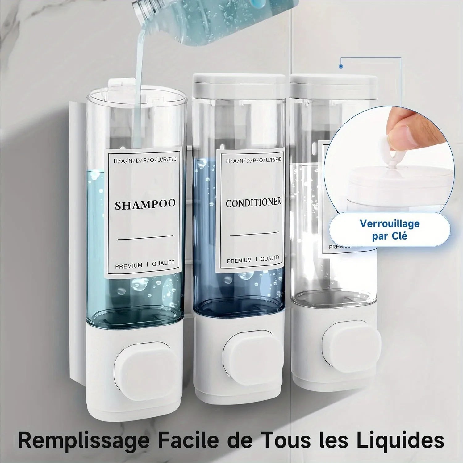 Wall mounted Showlu Smart General laundry detergent dispenser with clear container and sleek design for easy use and refill.