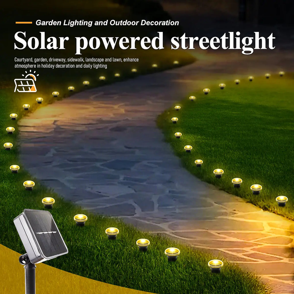 Solar LED garden pathway lights with 8 lighting modes, outdoor decorative lights for garden walkways and landscape illumination.