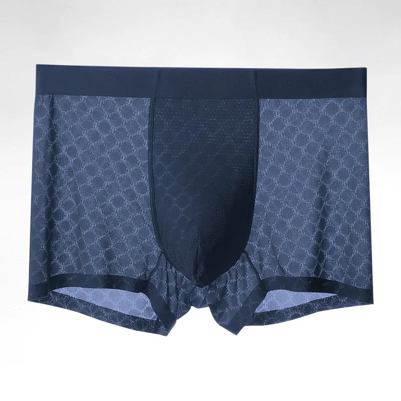 Showlu Fashion men's ice silk boxer briefs, breathable summer seamless underwear with thin, lightweight design and comfortable fit.