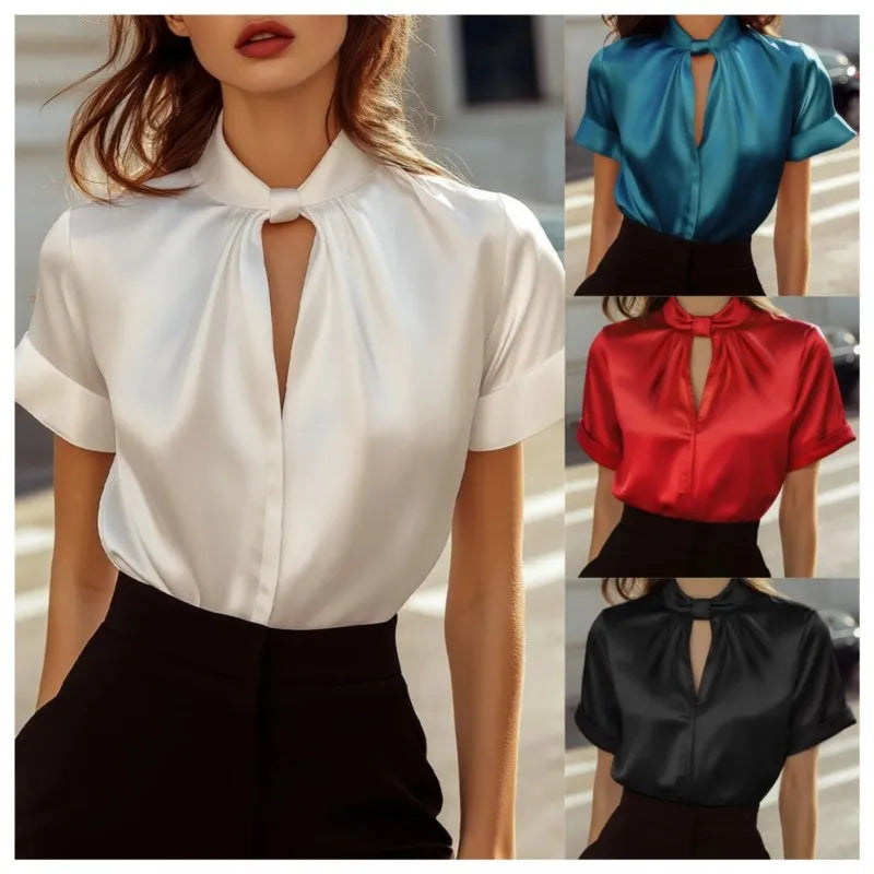 Owner Girl Women's Satin Boho Blouse in khaki with short sleeves and stand collar, stylish satin top from Showlu Fashion Store.