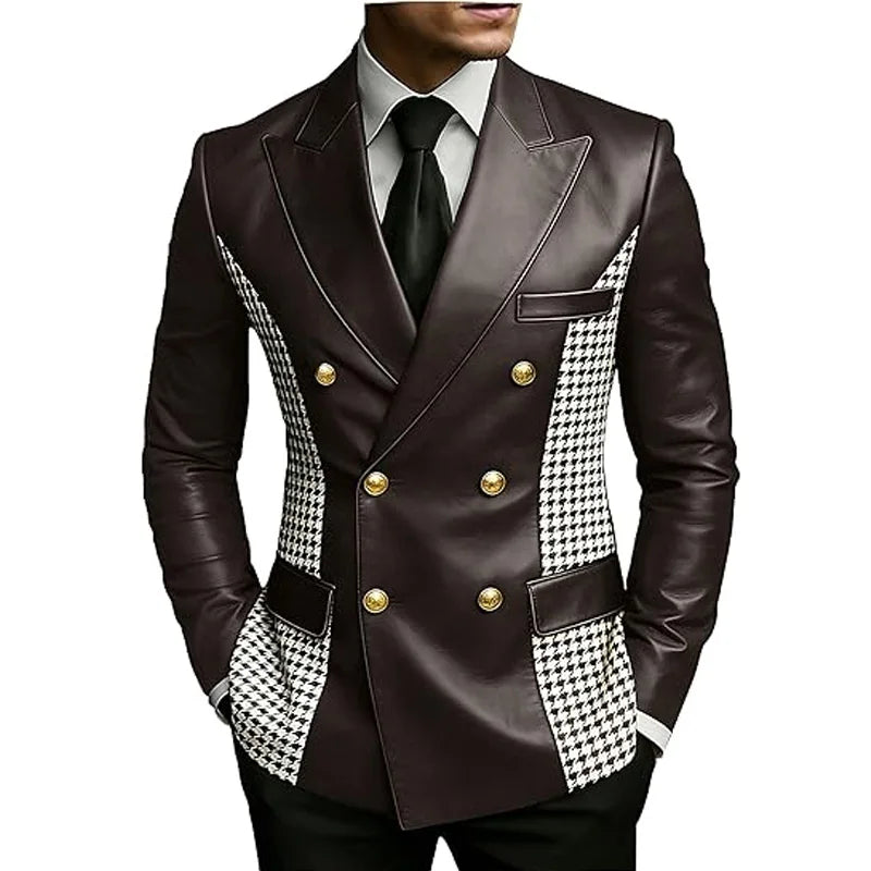 Men’s brown leather blazer with houndstooth sides, double-breasted style, gold buttons, slim fit, vintage tuxedo jacket by Showlu Fashion