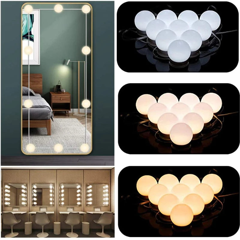 Digitaling LED vanity mirror lights by My Store, dimmable 12V USB makeup bulbs illuminating a mirror for flawless application.