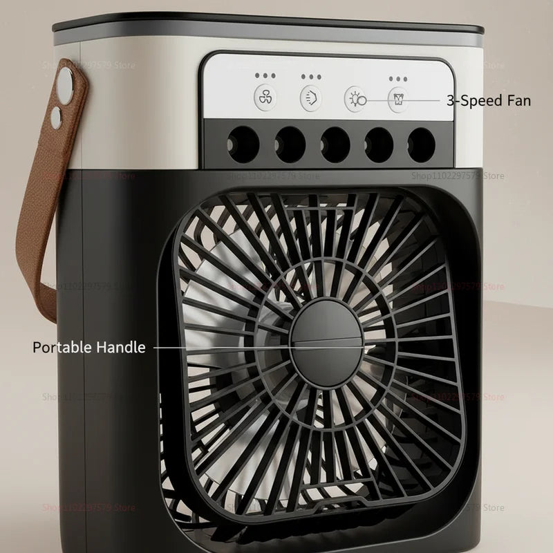 Showlu Smart General portable USB air cooler fan with 3-speed settings, mini water mist humidifier, LED display, desktop cooling fan