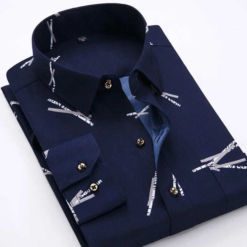 Men's slim fit plaid casual dress shirt with long sleeves, floral pattern, suitable for formal, business, and spring occasions.