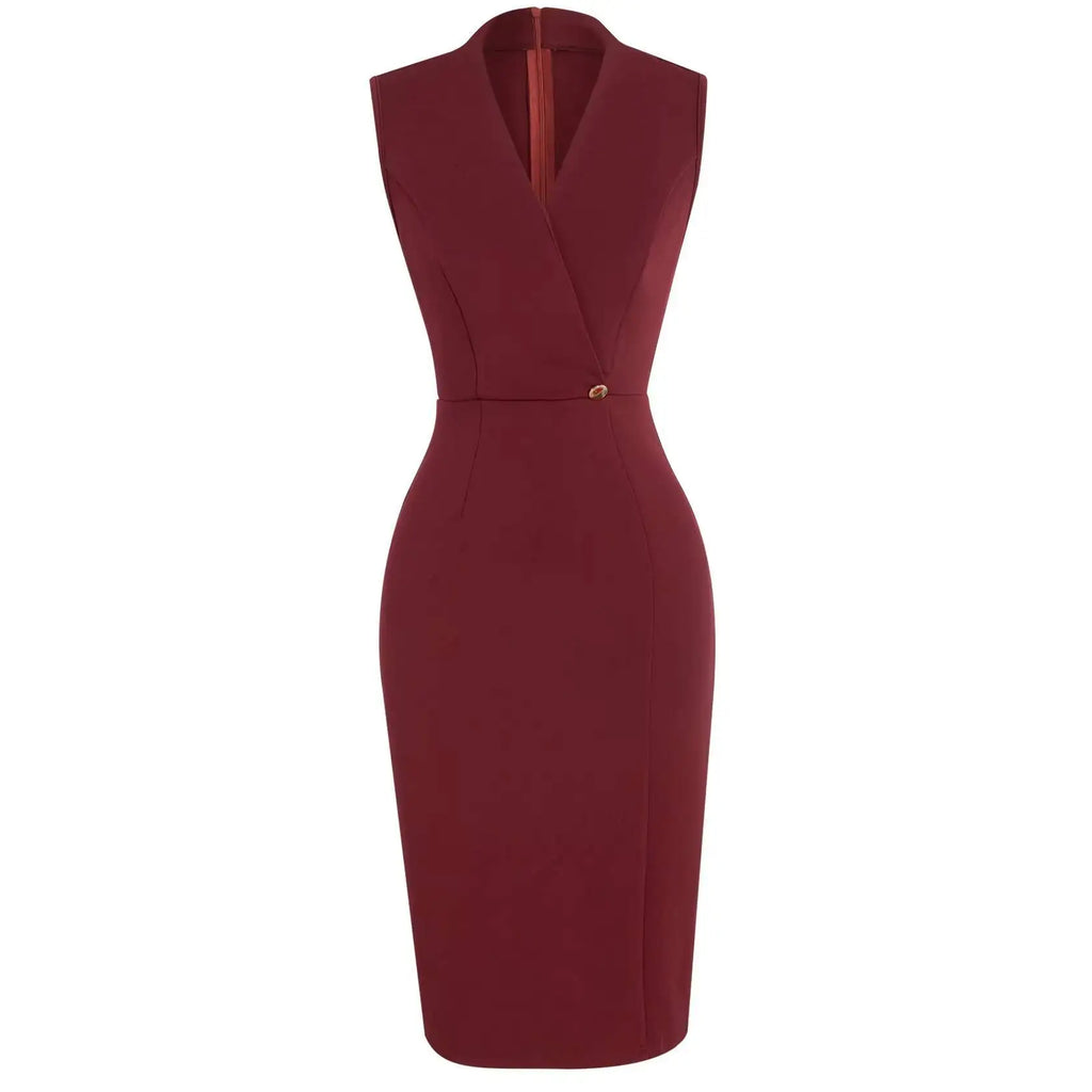 Showlu women's burgundy v-neck midi dress featuring a bodycon fit and wrap design, ideal for elegant parties and events.