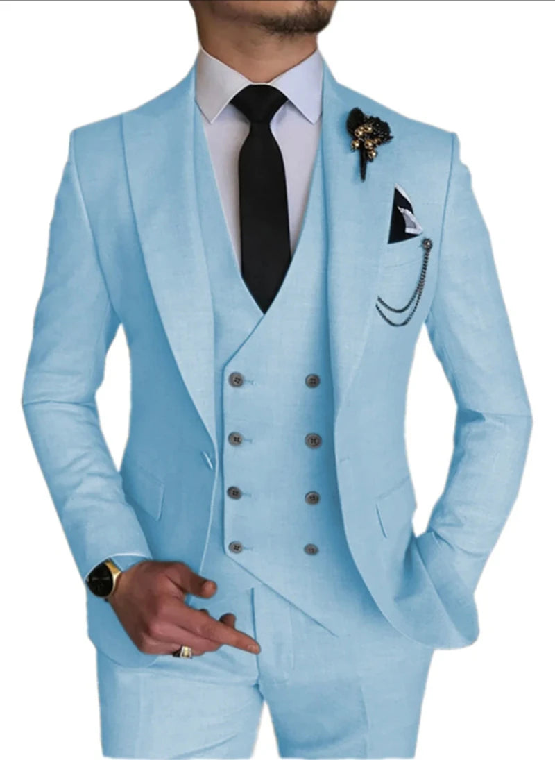 Beige men's formal suit with peak lapel blazer, double-breasted vest, and matching pants, suitable for weddings and elegant events.