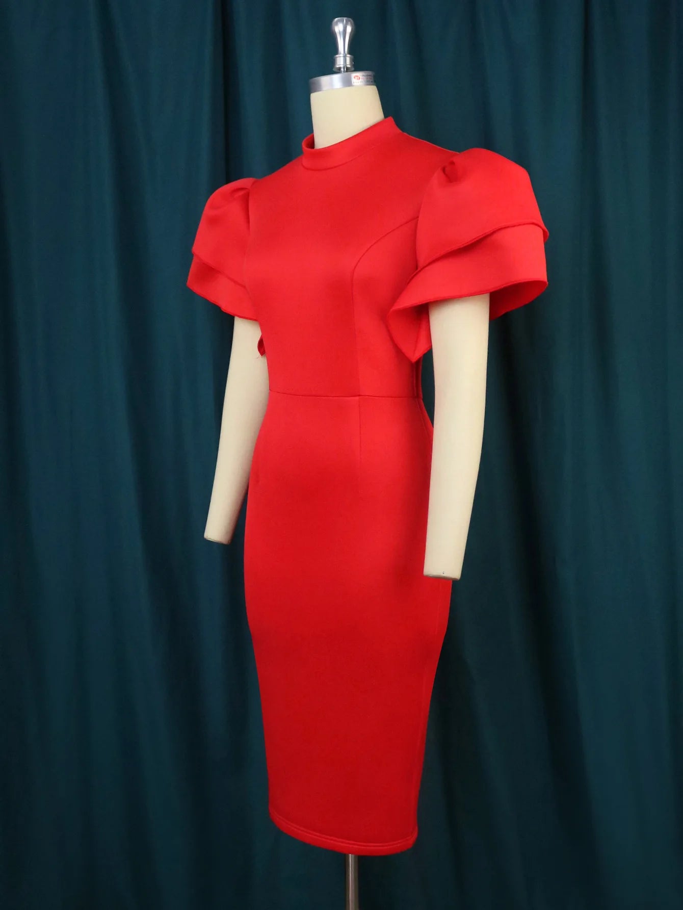 Designer Small Stand-up Collar Flared Sleeve Dress Waist Closed Cocktail Party Dress