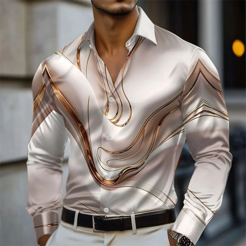 Men's abstract liquid art satin shirt by Showlu Fashion, long sleeve casual shirt with pink, blue, gold, and green colors.