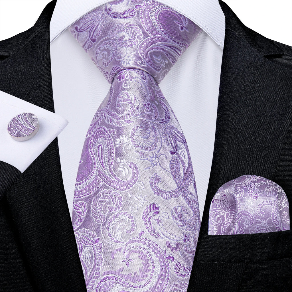 DiBanGu Ties For Men Purple Floral Paisley Necktie Business Formal 100% Silk Tie Pocket Square Set For Wedding Party Cravat