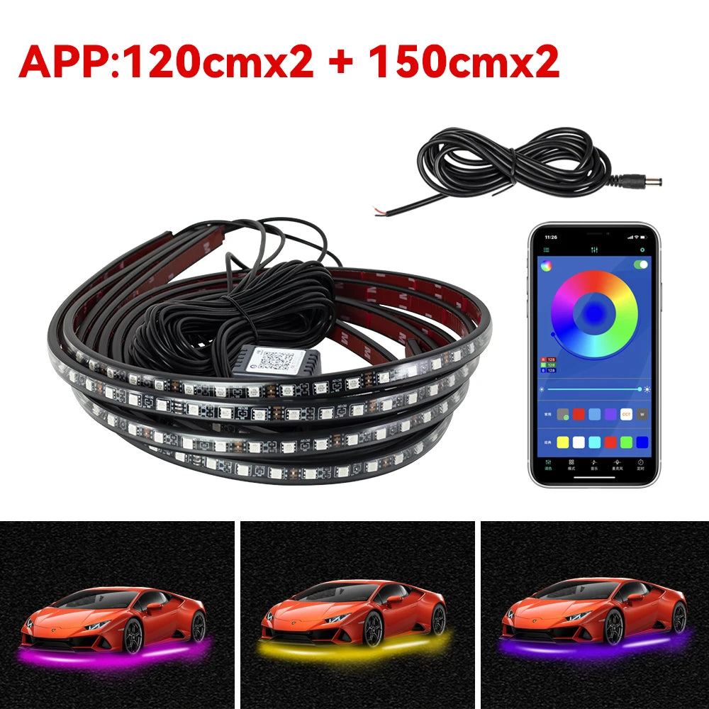 Showlu Smart General car underglow LED kit with colorful lights installed underneath a vehicle for vibrant nighttime illumination.