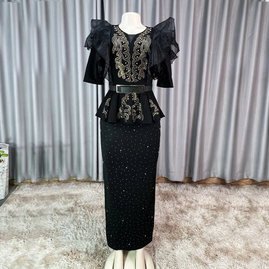 African Women Slim V-neck Organza Lotus Leaf Hot Drill Nail Beads Elegant Long Dress Little Dress