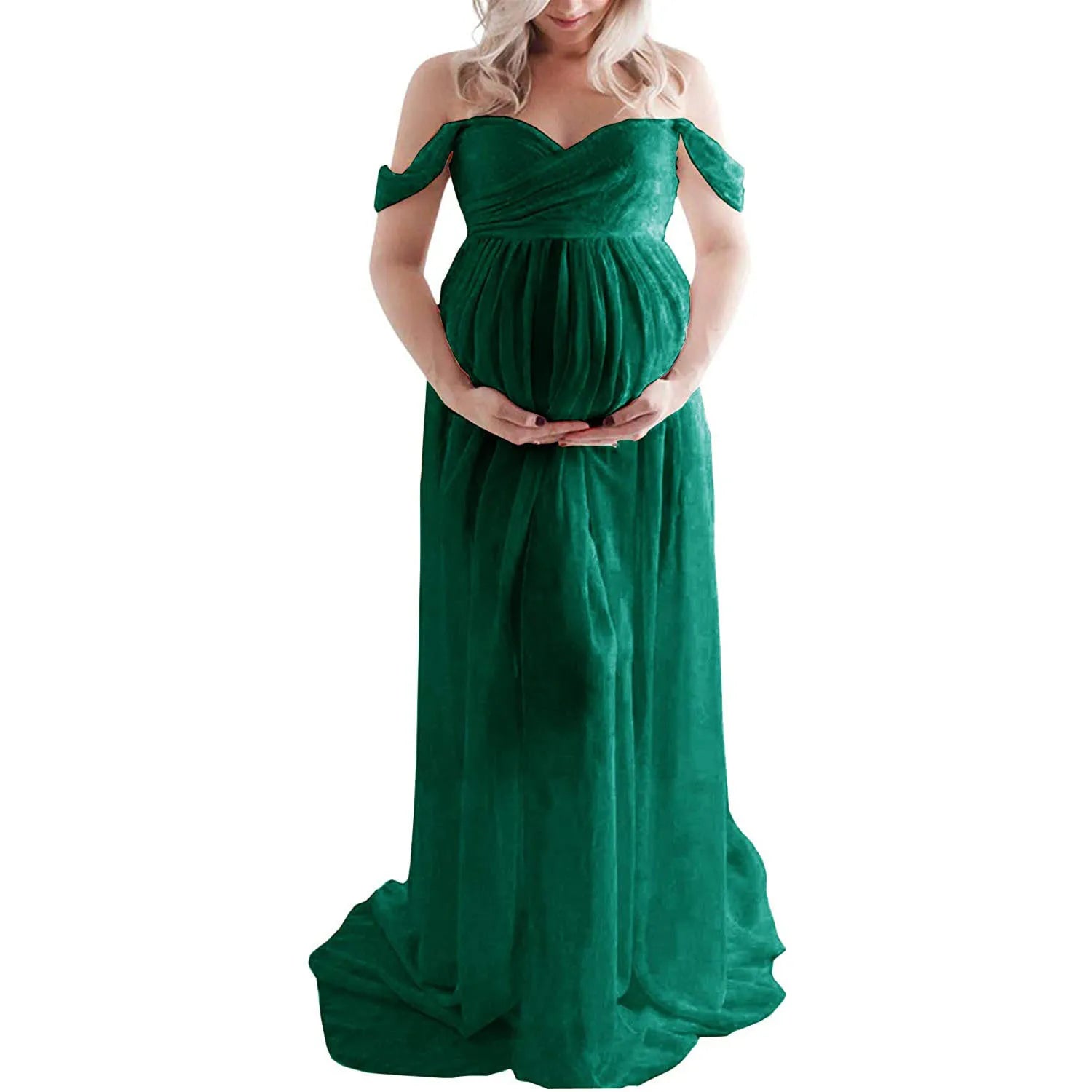 Deep V-neck lace maternity dress with tulle and feather details, long sleeves, and hollow horn accents, ideal for photoshoots.