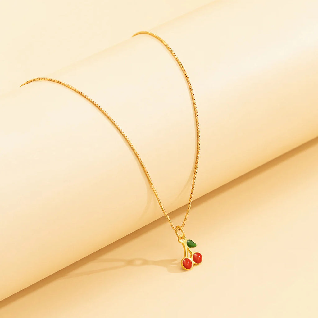 Gold metal boho clavicle necklace with cherry pendant for women, romantic fashion jewelry, perfect gift for girls